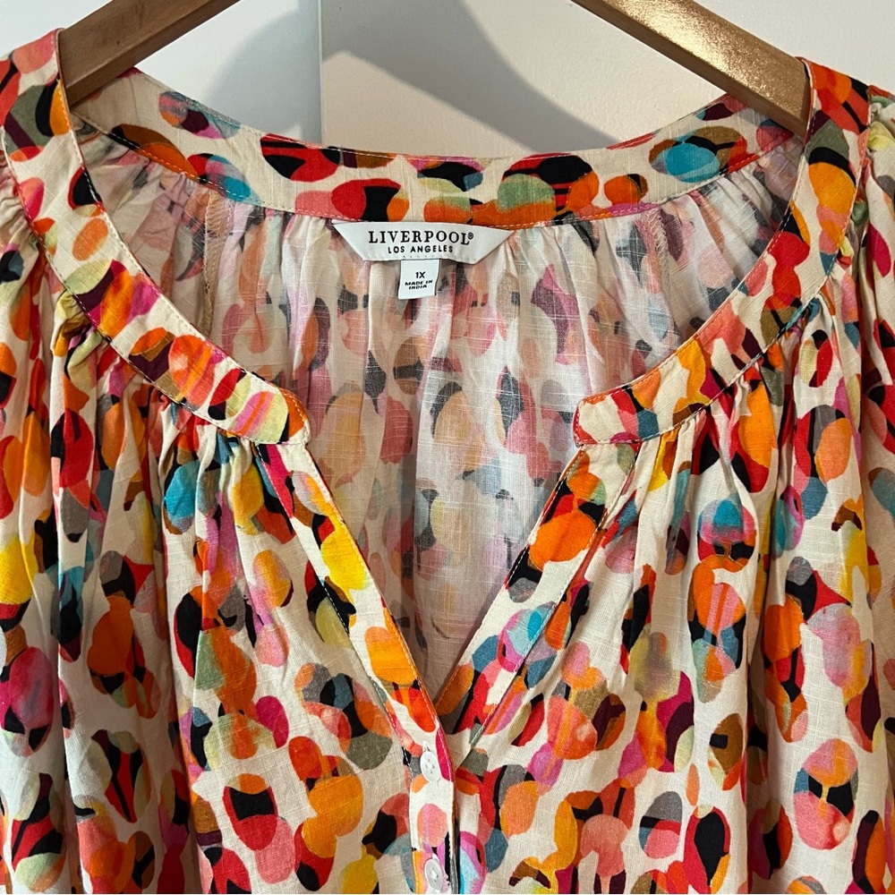 Liverpool Multicolor Printed Puff-Sleeve Blouse 1X watercolor dot NWT - Picture 6 of 11
